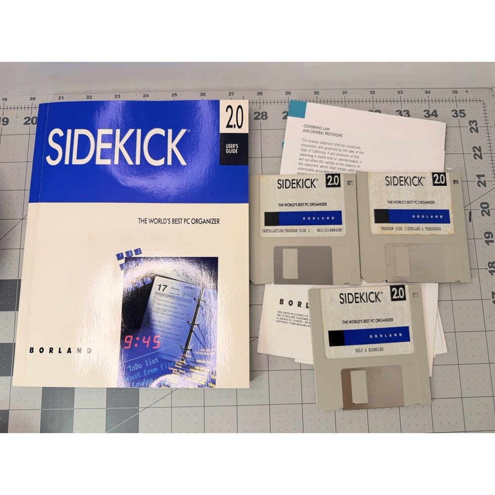 Vintage Borland Sidekick 2.0 Software 3.5" Floppy Disks & User's Guide Manual